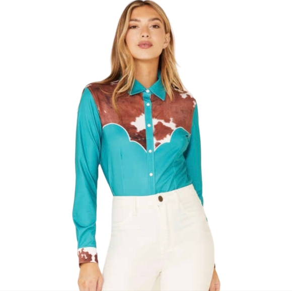 RANCH DRESS'N Fallon Taylor "Cowhide & Teal" Performance Rodeo Cowgirl shirt 3XL - Picture 4 of 12